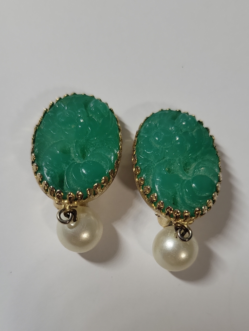 Green Floral Glass Pearl Drop Clip-On Earrings